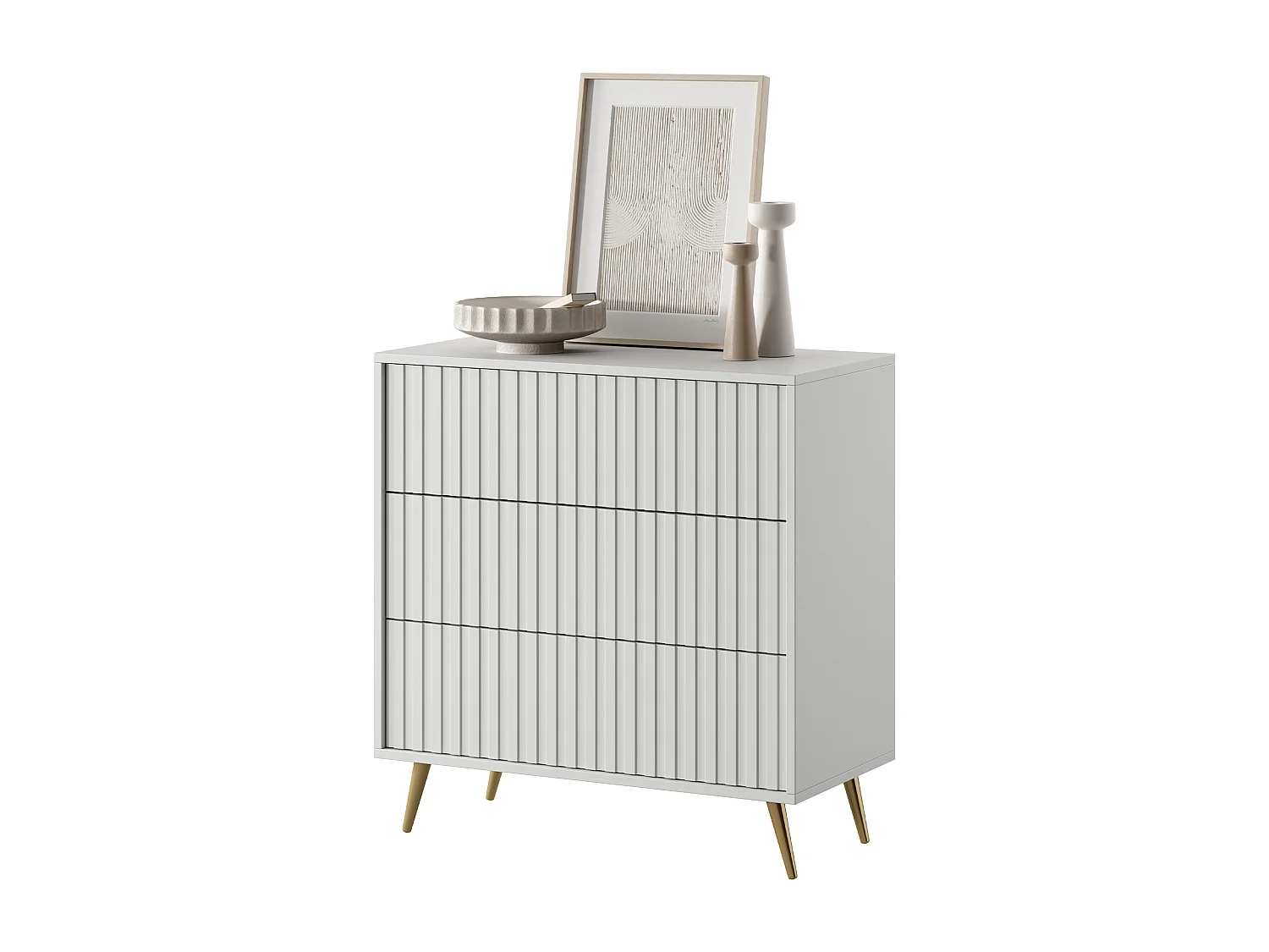 Kommode Doppelkommode mit 3 Schubladen Weiß mit goldenen Füßen 79 cm - BELLO