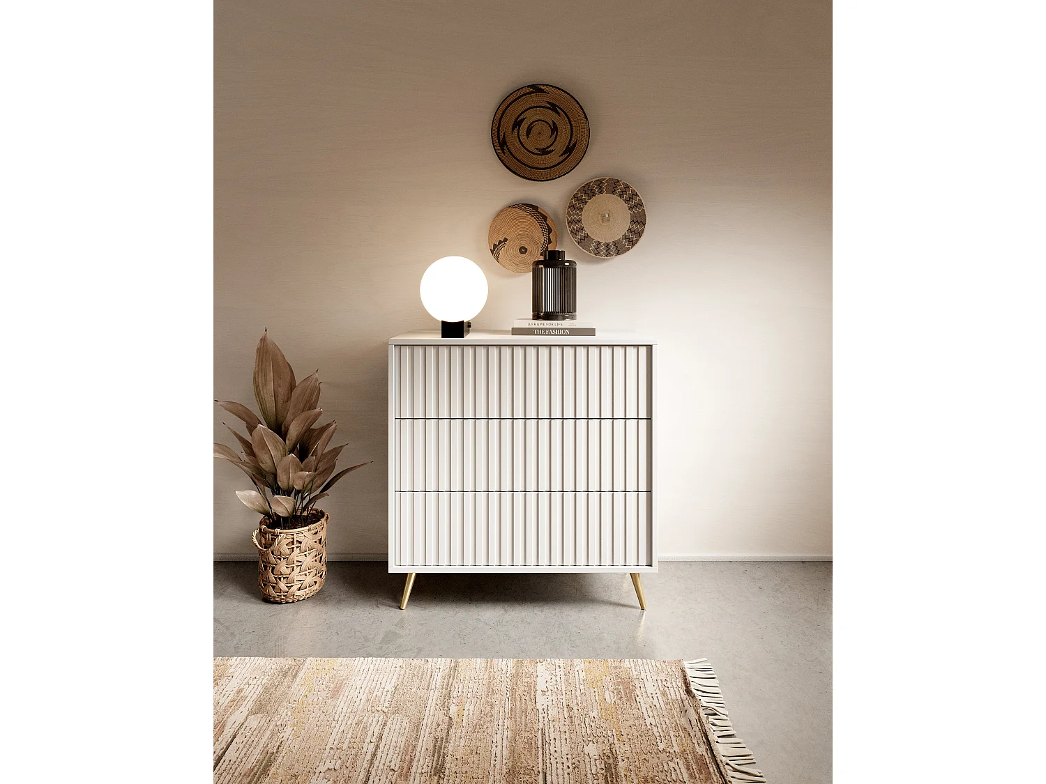 Commode avec trois tiroirs - 79cm - Blanc avec pieds dorés - Bello