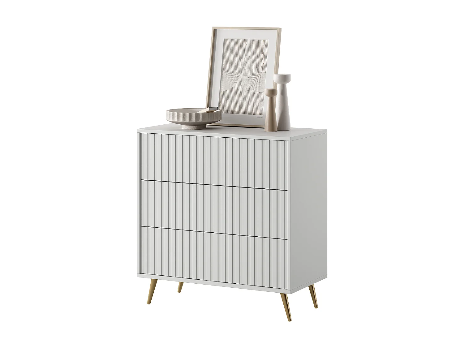 Commode avec trois tiroirs - 79cm - Blanc avec pieds dorés - Bello