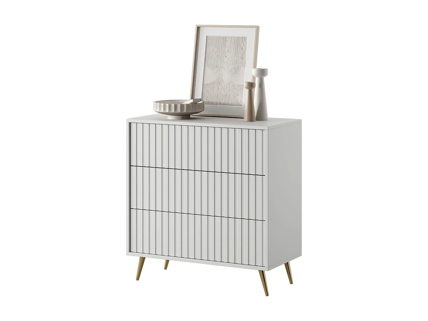 Commode avec trois tiroirs - 79cm - Blanc avec pieds dorés - Bello