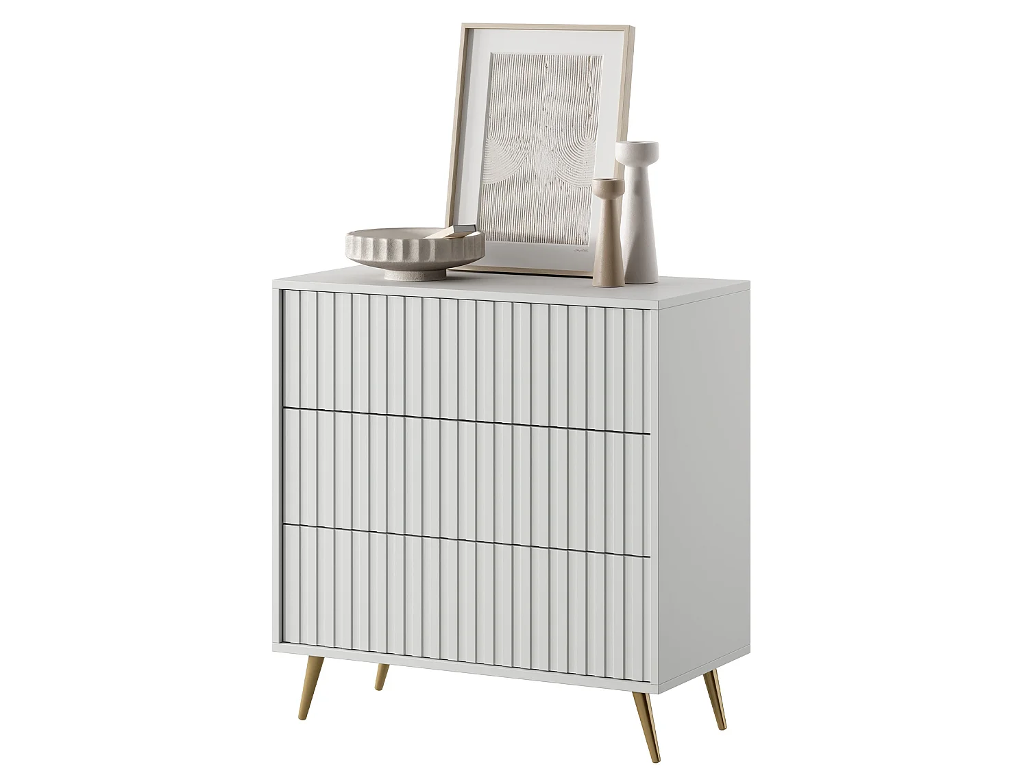 Commode avec trois tiroirs - 79cm - Blanc avec pieds dorés - Bello