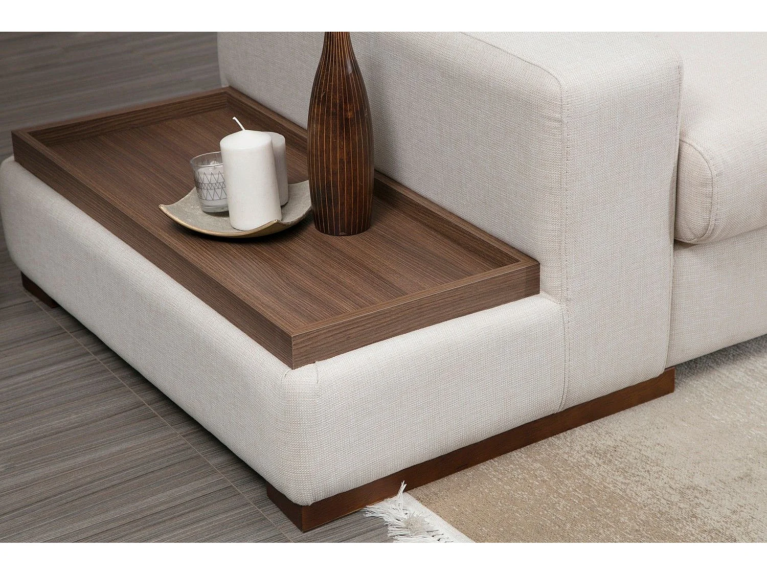 Canapé d'angle à droite bout de canapé intégré Arslan Tissu Beige