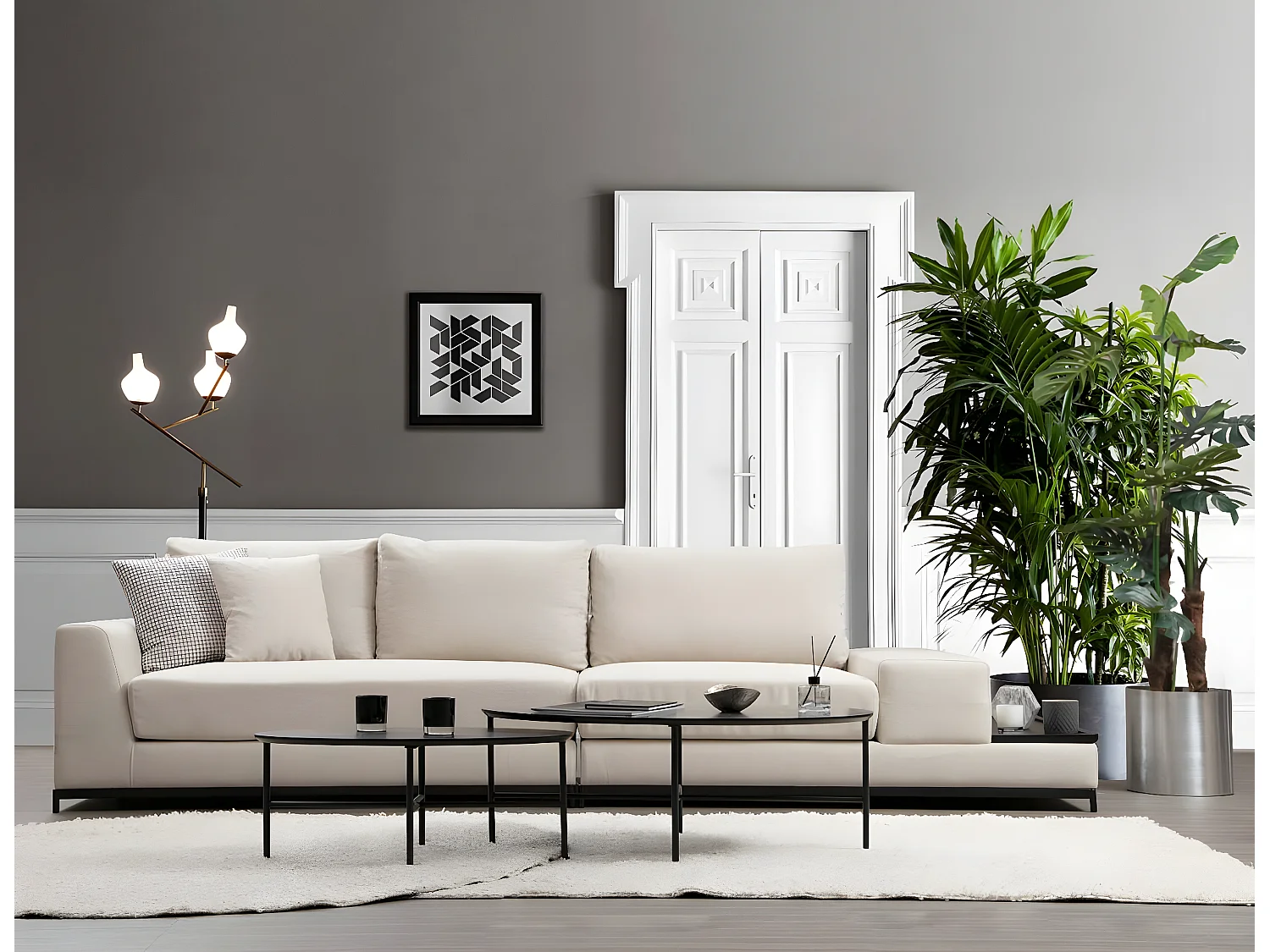 Canapé 3 places avec bout de canapé intégré à droite Arslan Tissu Beige