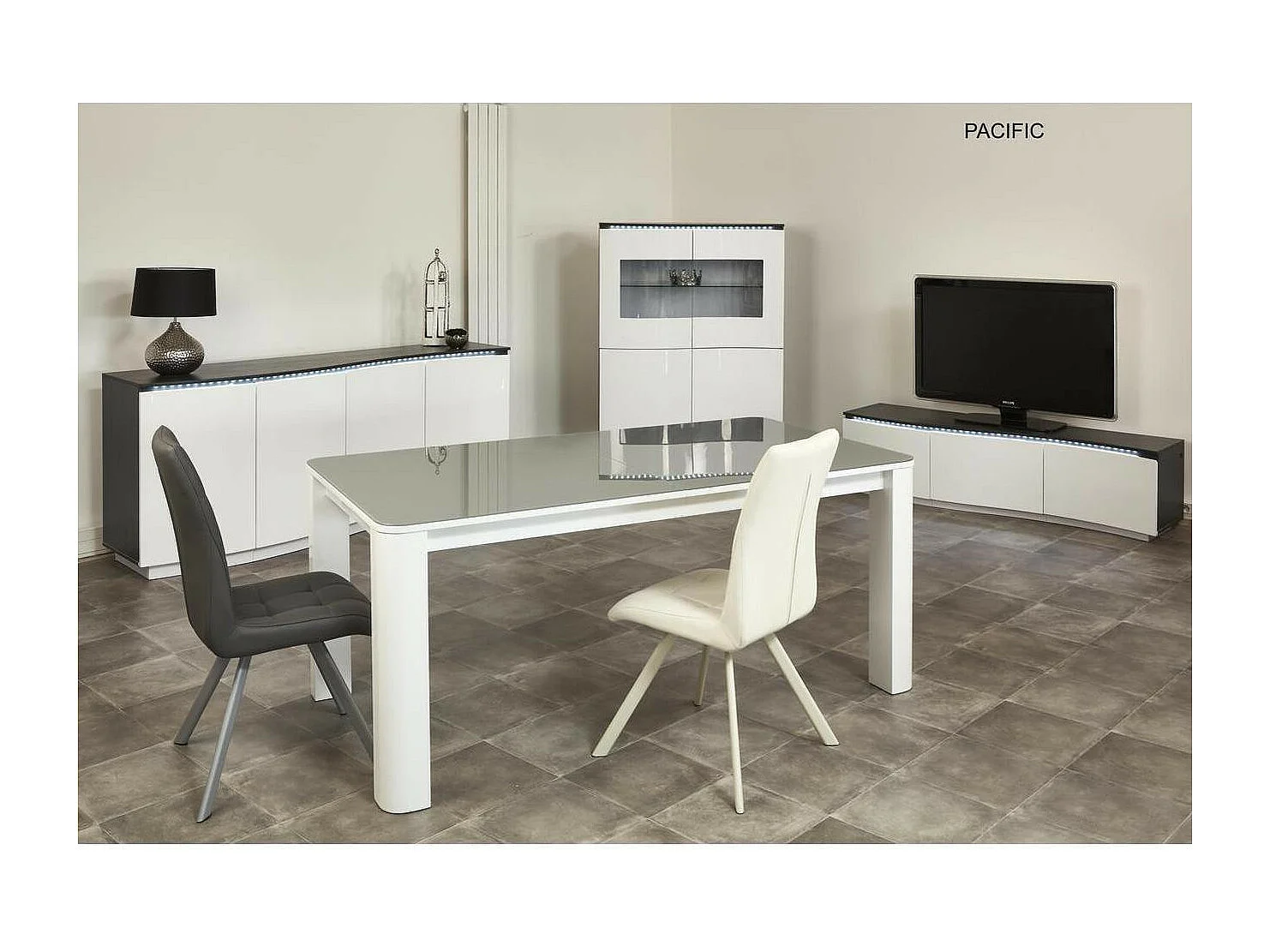 Vitrine 4 Portes "Pyloza" 110cm Blanc Laqué & Gris