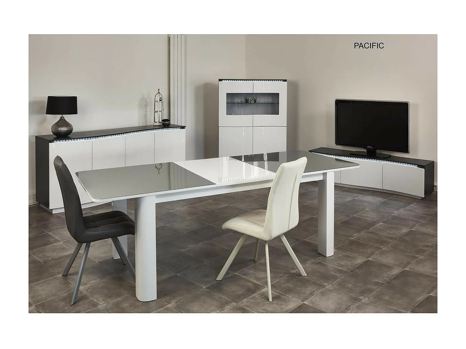 Vitrine 4 Portes "Pyloza" 110cm Blanc Laqué & Gris