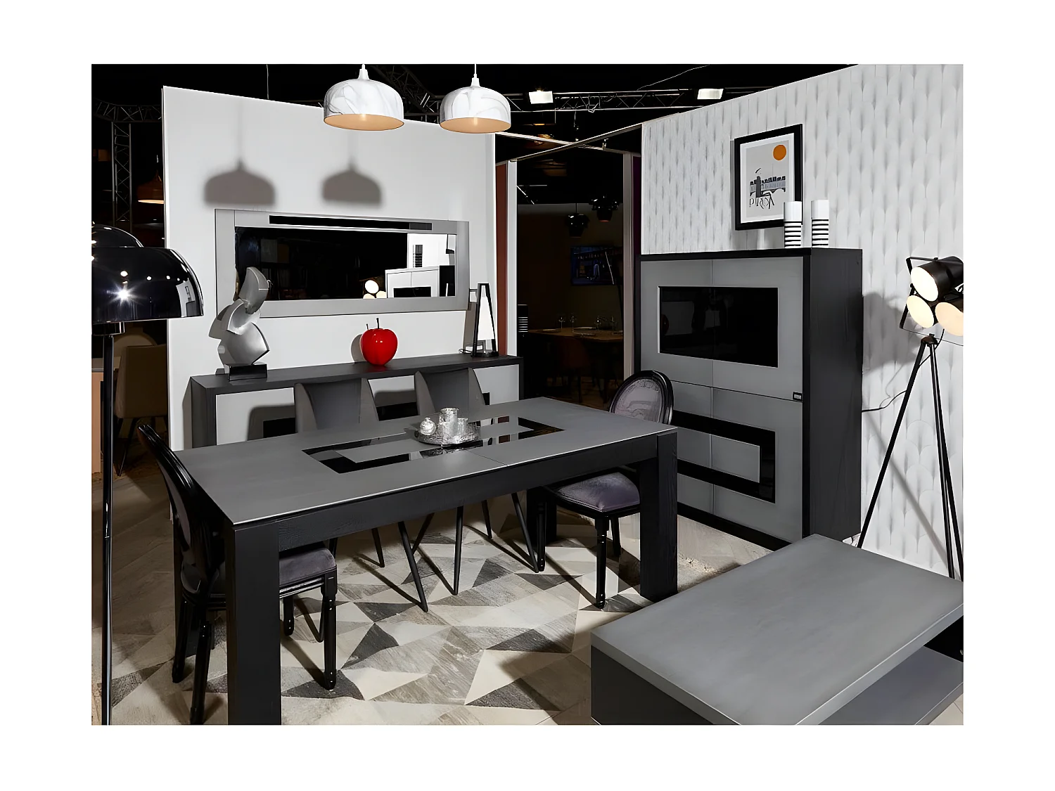 Vitrine 4 Portes "Daminao" 155cm Gris & Noir