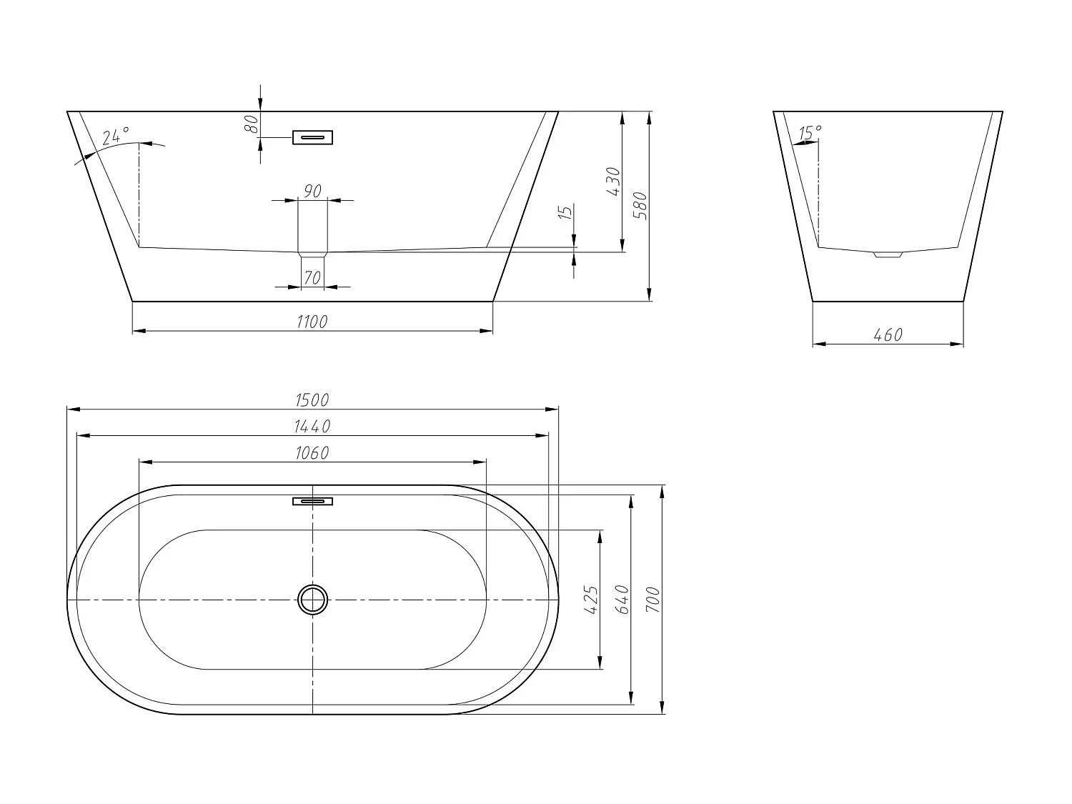 Bañera exenta design - 201 L - 150 x 70 x 58 cm - Blanco - TWIGGY