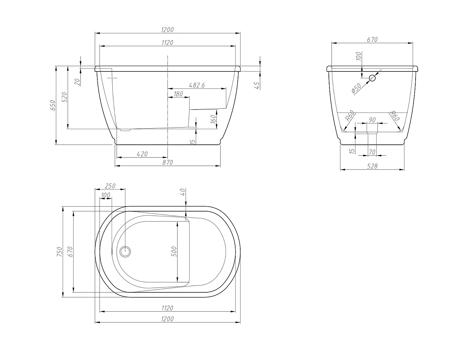 Banheira oval PICCOLA - 1 lugar - 240 L - 120*75*A65 cm - Branca