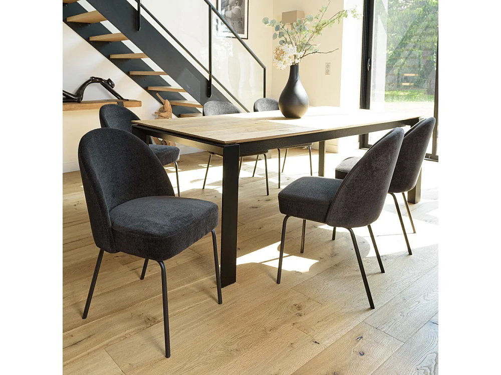 ULYSSE - Lot de 2 chaises tissu noir pieds acier noir