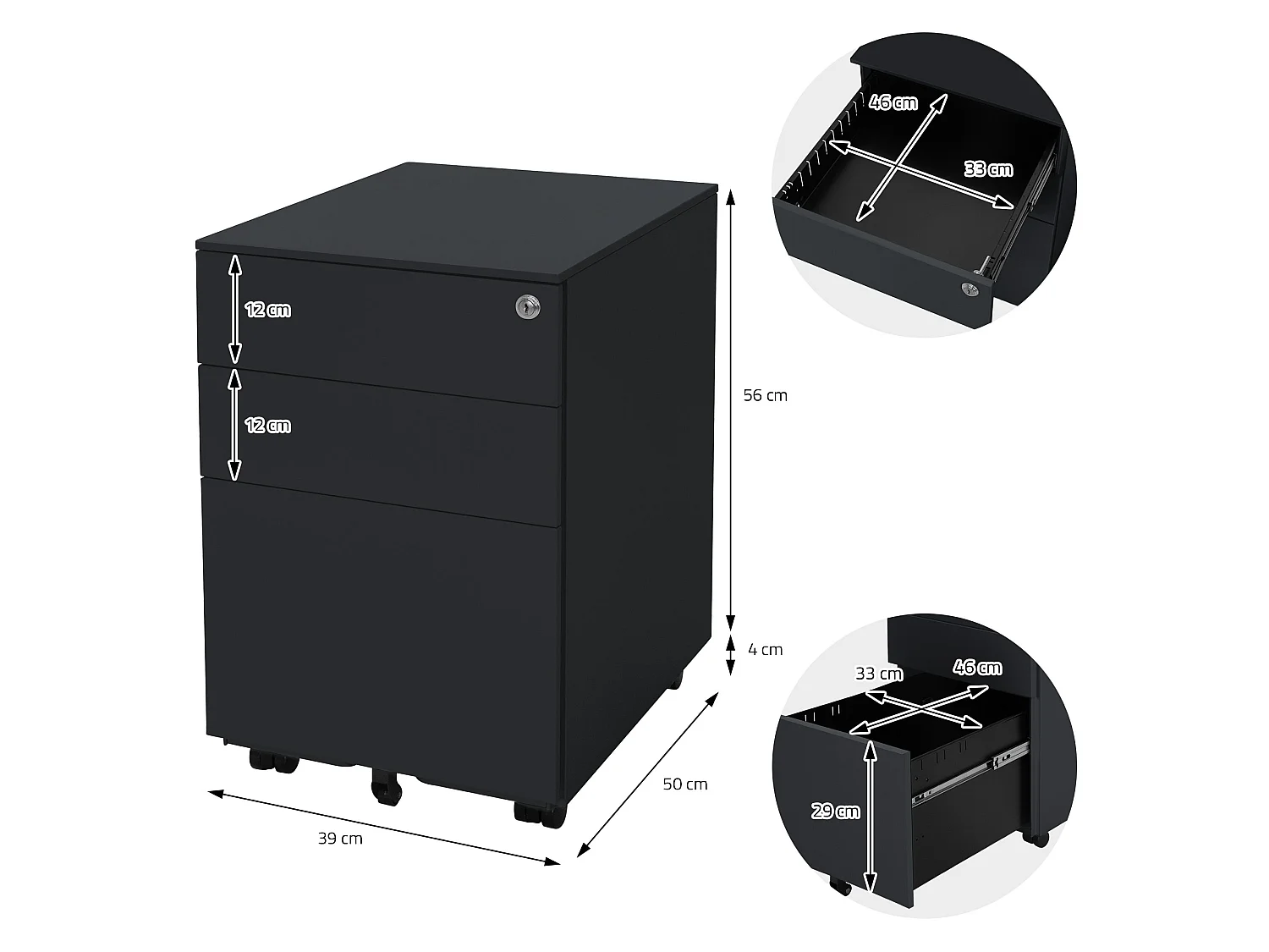 Cajonera móvil con tres cajones 39x50x56 cm acero antracita ML-Design