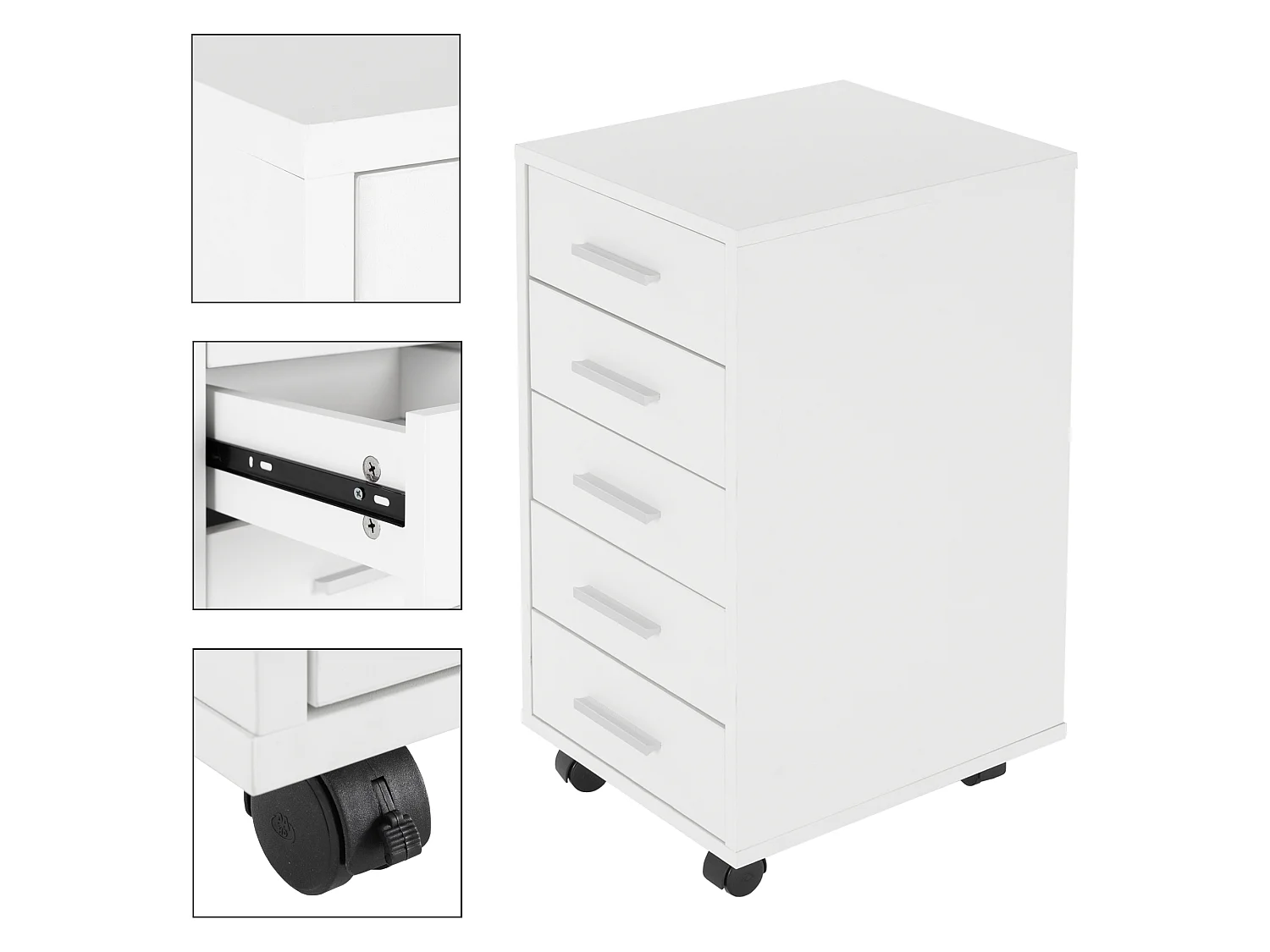 Caisson à roulettes avec 5 tiroirs de bureau 33x38x63,5cm meuble rangement blanc