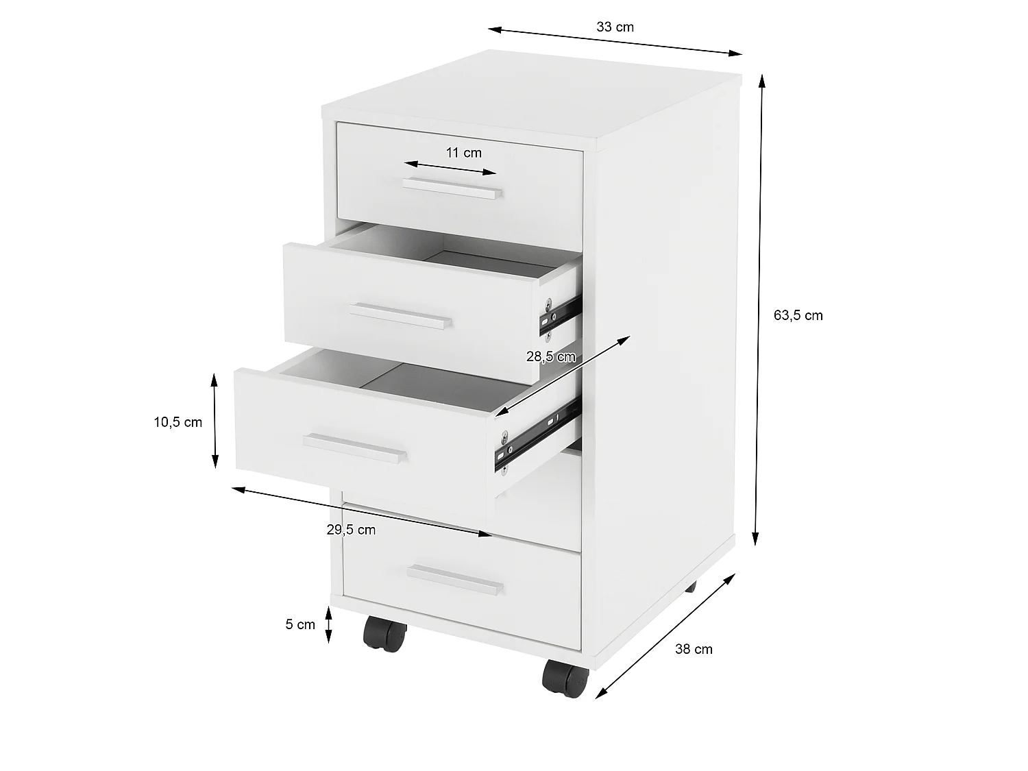Caisson à roulettes avec 5 tiroirs de bureau 33x38x63,5cm meuble rangement blanc