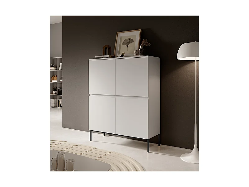 Highboard Hochkommode 4-türig, Weiß mit schwarzen Beinen, 100 cm - Bemmi