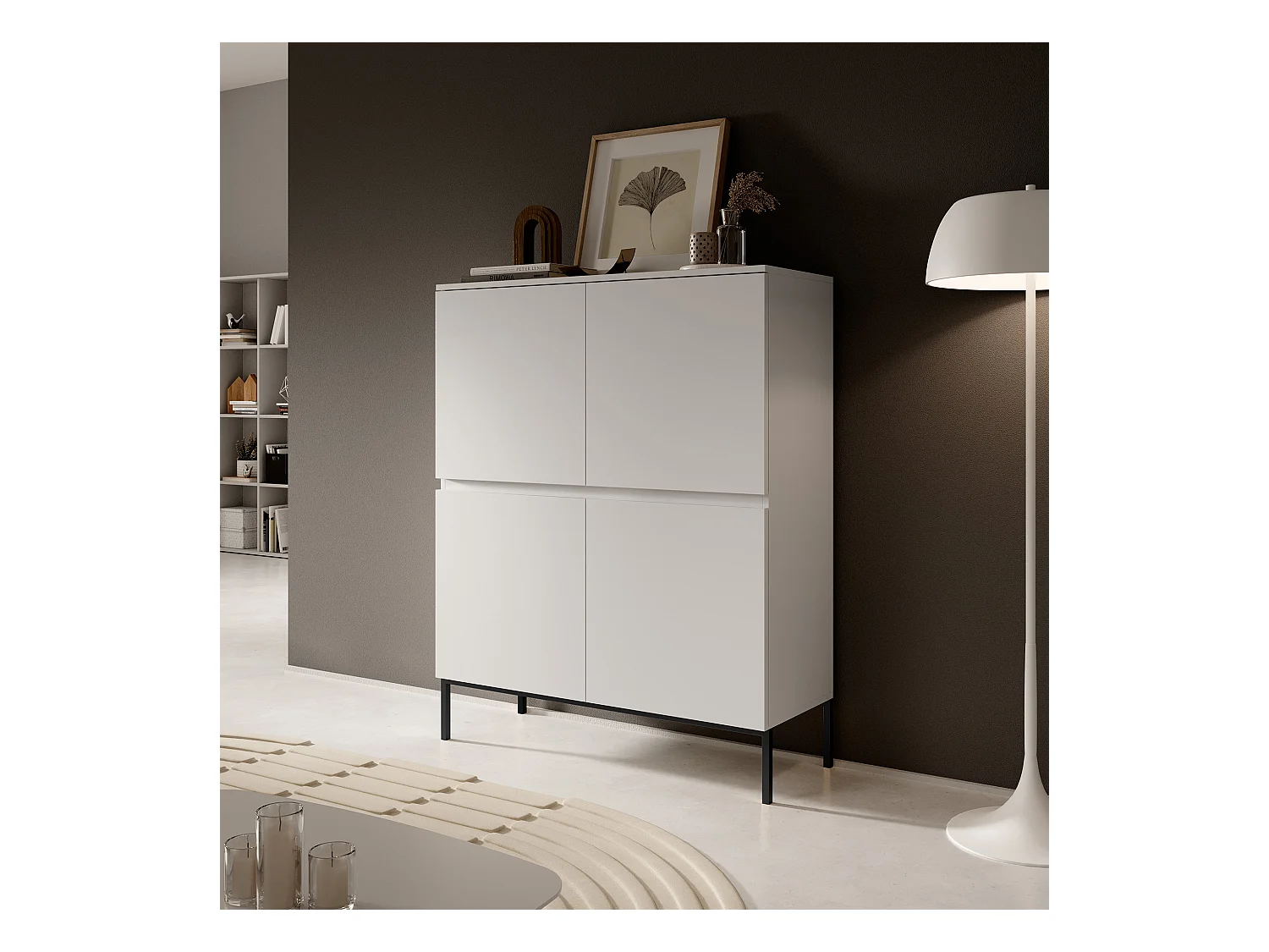 Highboard Hochkommode 4-türig, Weiß mit schwarzen Beinen, 100 cm - Bemmi