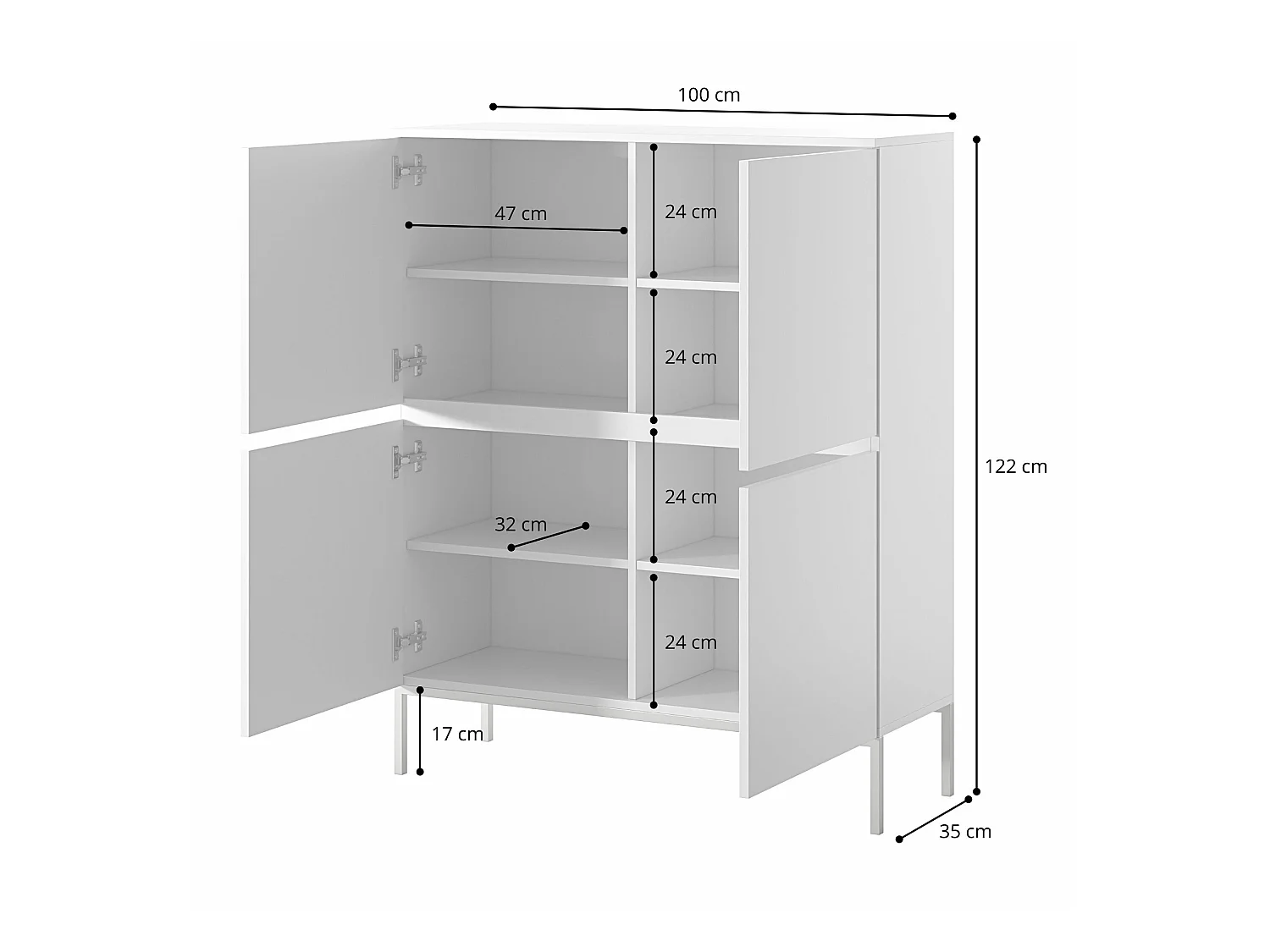 Highboard Hochkommode 4-türig, Weiß mit schwarzen Beinen, 100 cm - Bemmi
