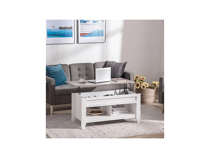 Table basse relevable ULYSSE blanc et aspect marbre