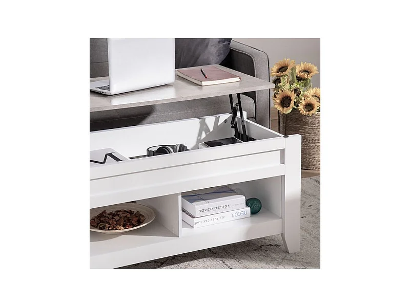 Table basse relevable ULYSSE blanc et aspect marbre