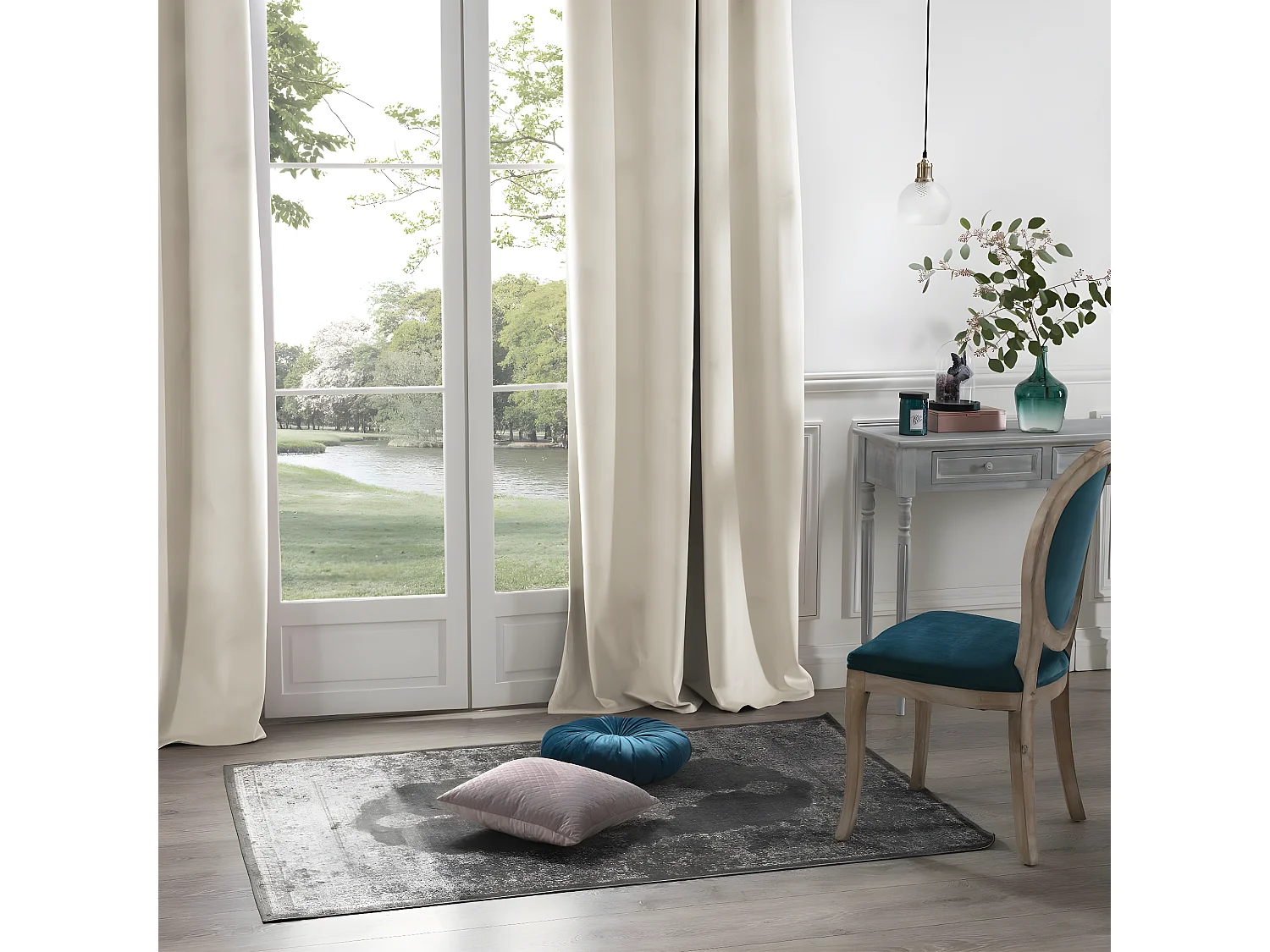 Lot de 2 Rideaux à  œillets Occultant en Velours Ivoire 140 x 260 cm