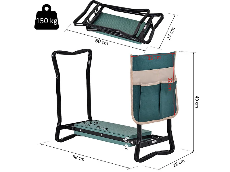 Tabouret de jardin agenouilloir SIMONE vert et noir