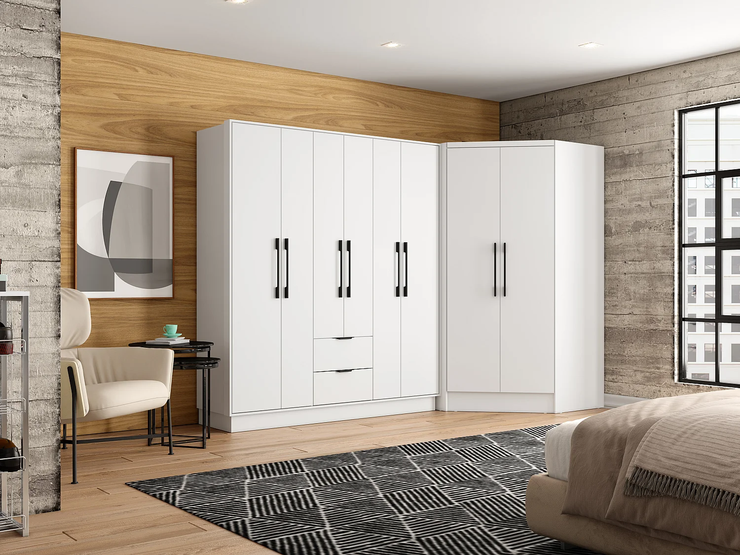 Armoire d'angle 8 portes et 2 tiroirs - L263 cm - Blanc - FEOVA