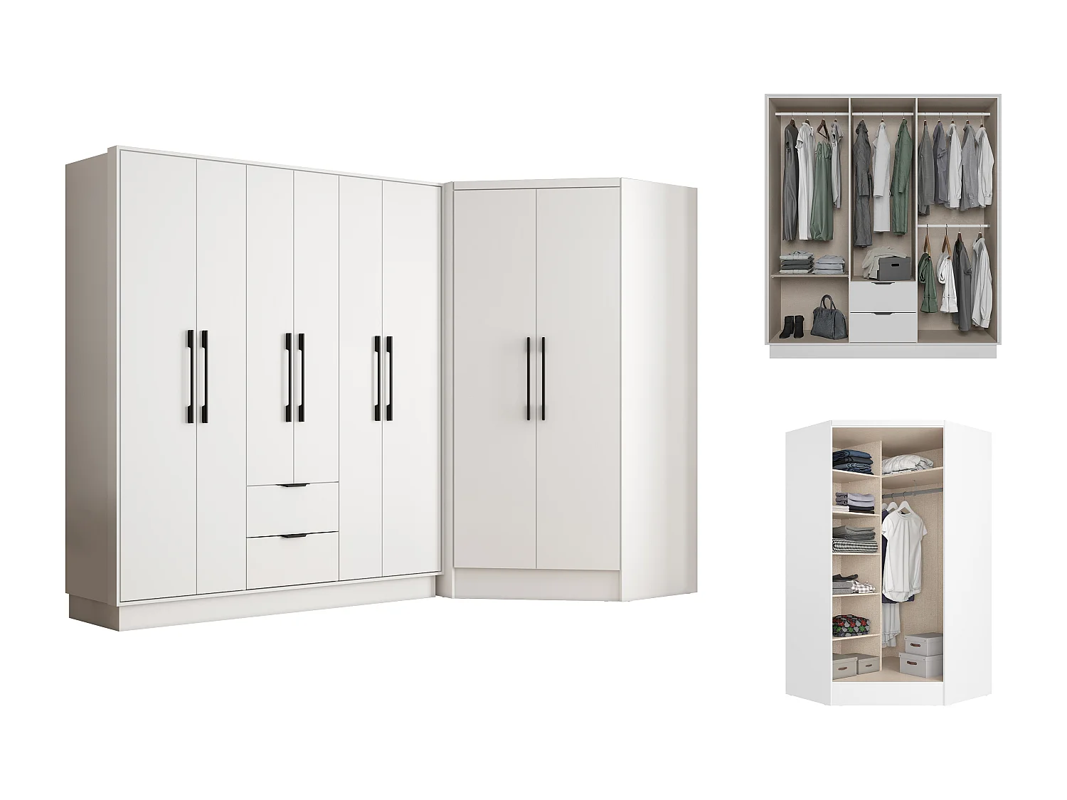 Armoire d'angle 8 portes et 2 tiroirs - L263 cm - Blanc - FEOVA