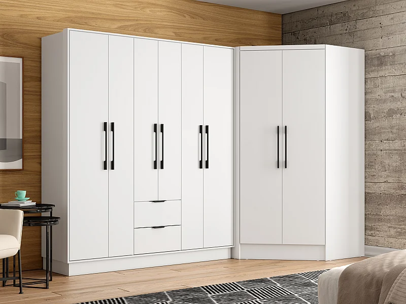 Armoire d'angle 8 portes et 2 tiroirs - L263 cm - Blanc - FEOVA