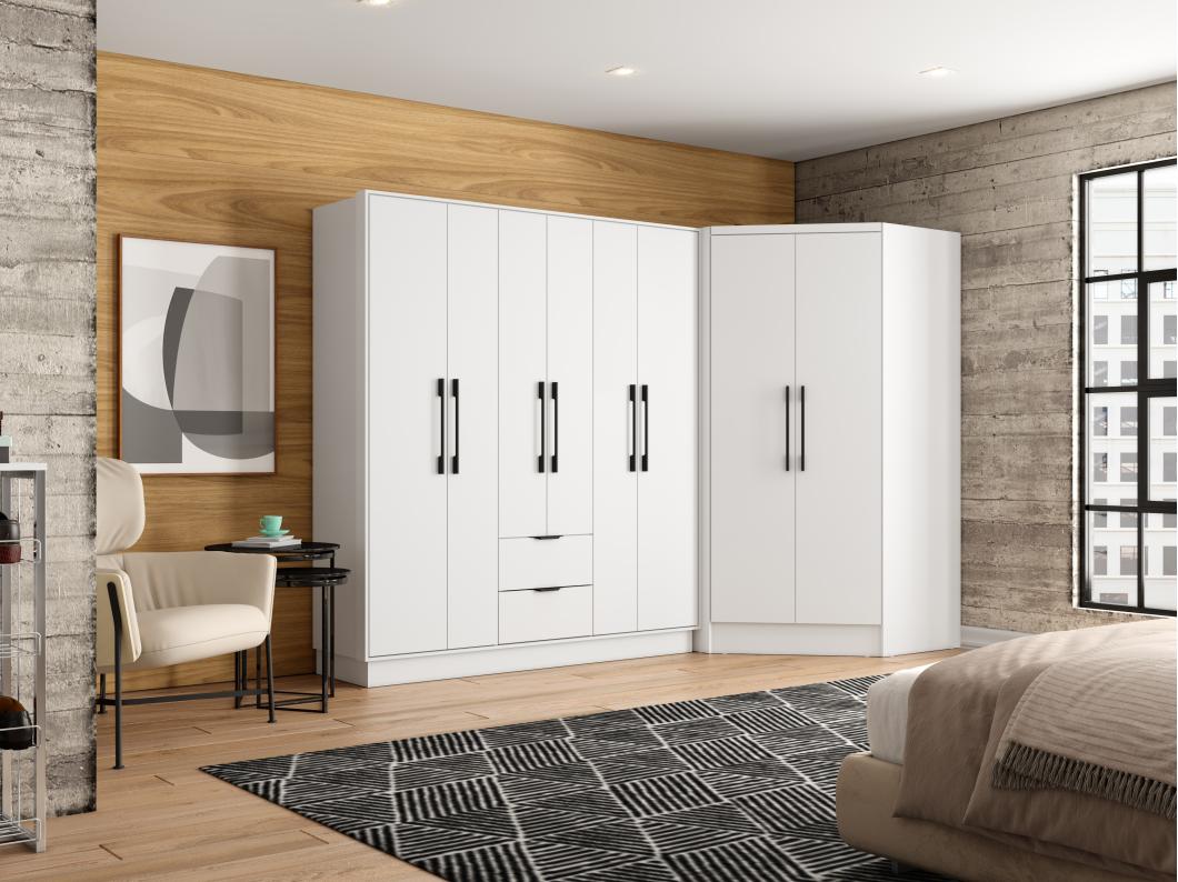 Armario de esquina de 8 puertas y 2 cajones - Ancho 263 cm - blanco - FEOVA