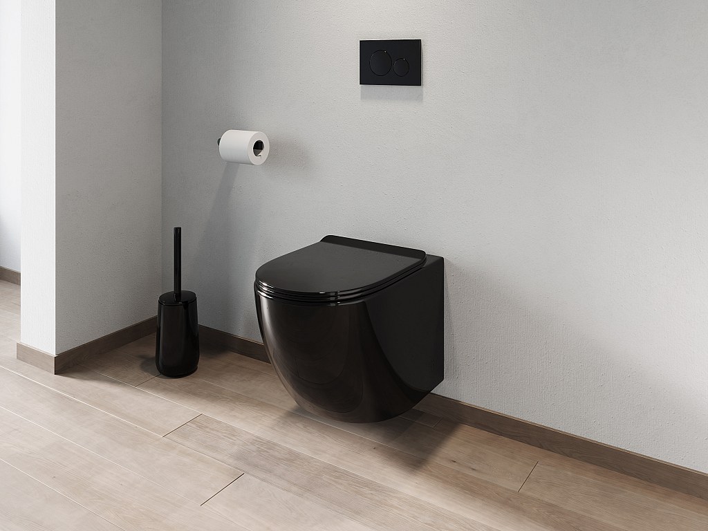 Sparset - Wand-WC schwarz glänzend mit Trägergestell & Betätigungsplatte - JAVOINE