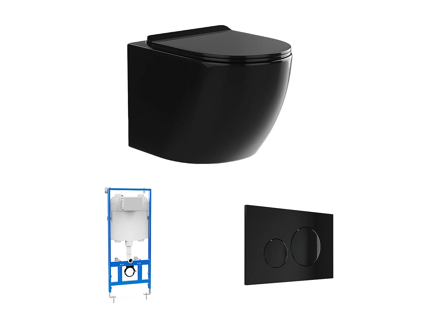 Inodoro flotante negro brillante con bastidor y placa de accionamiento - JAVOINE