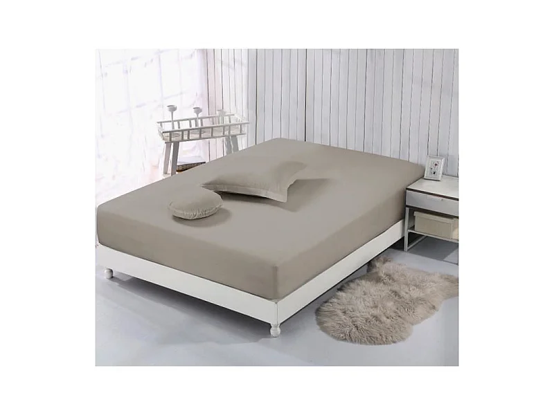 Drap Housse Taupe 180x200cm 100% Coton Vision - Tissage Serré 57 Fils - Lavable 40°