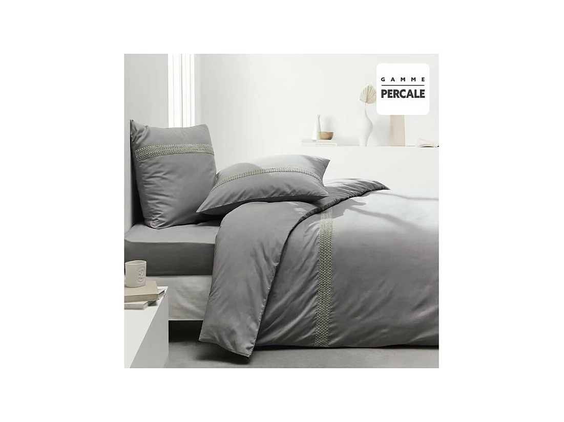Bedset - 240 x 260 cm - 100% Percale macramé afwerking - Staal