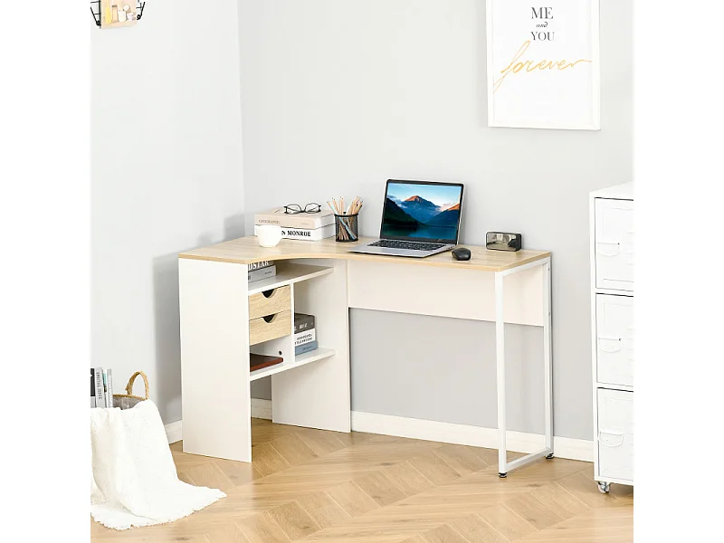 Bureau d'angle avec rangements RONY chêne clair et blanc
