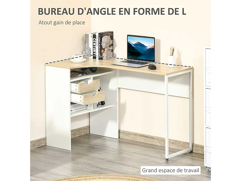 Bureau d'angle avec rangements RONY chêne clair et blanc