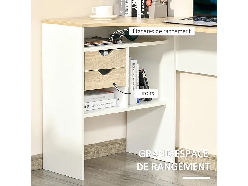 Bureau d'angle avec rangements RONY chêne clair et blanc