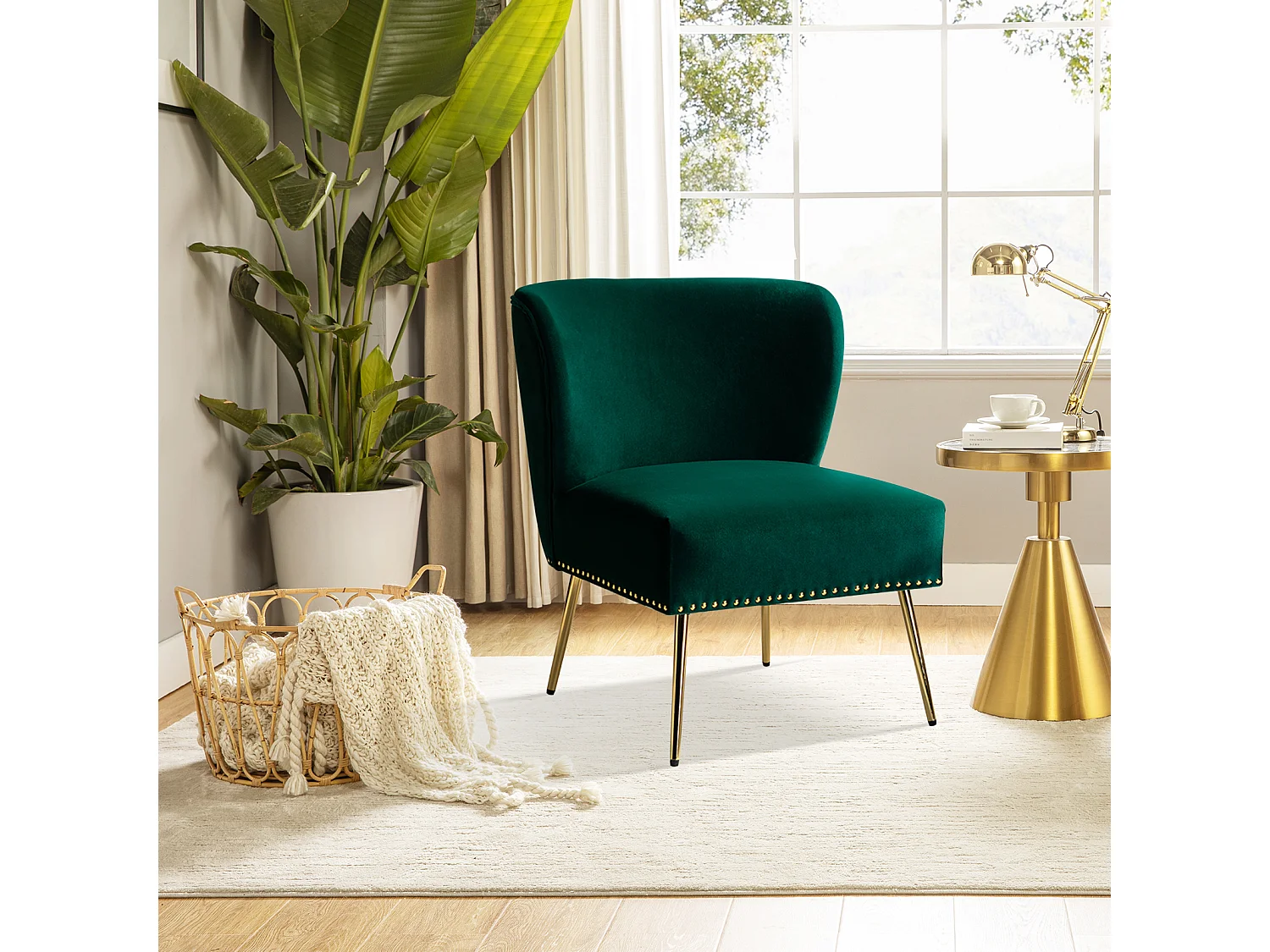 Chaise Salon en Velours avec Pieds en Métal, Fauteuil Rembourrée Confortable，Vert