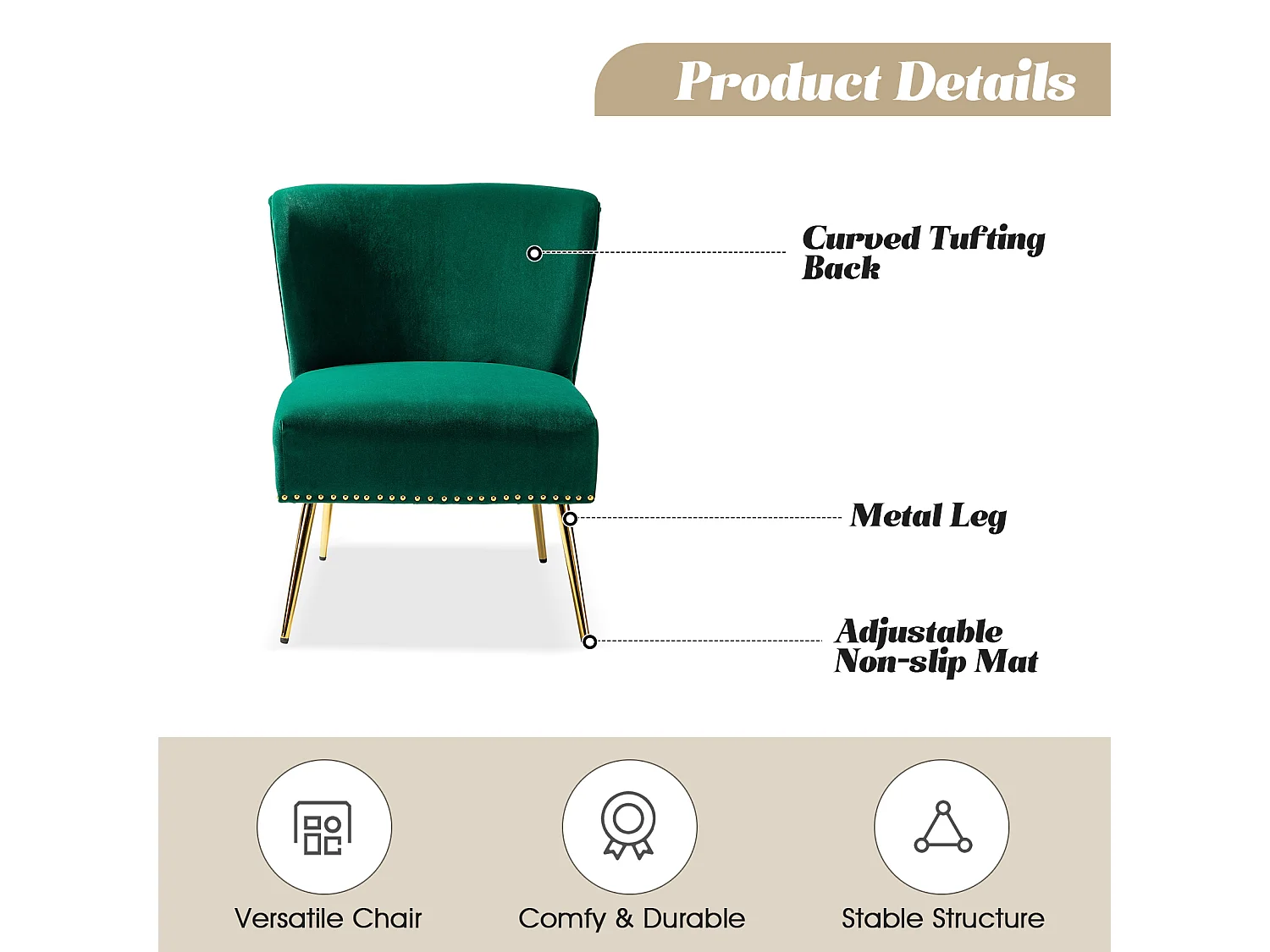 Chaise Salon en Velours avec Pieds en Métal, Fauteuil Rembourrée Confortable，Vert