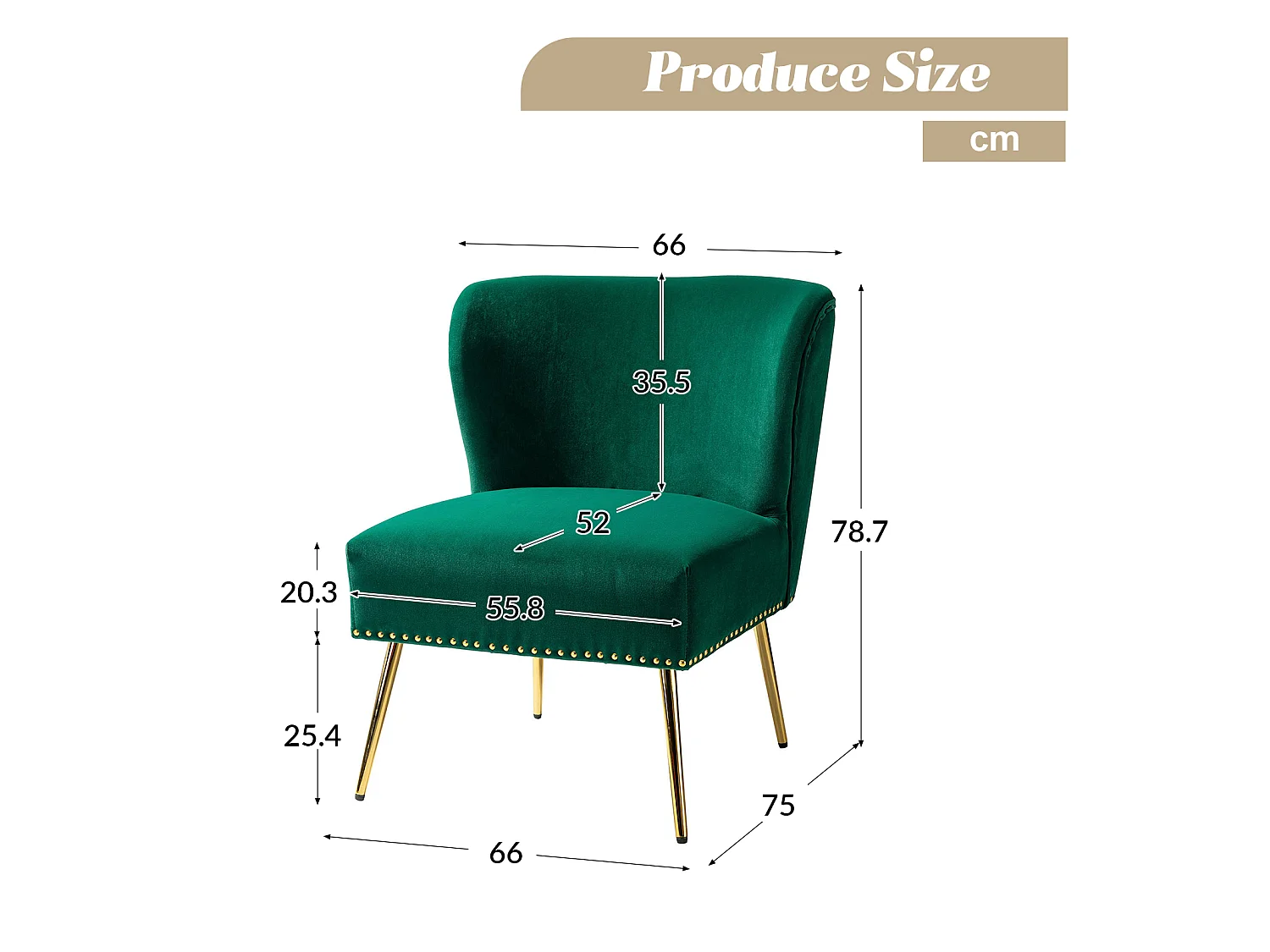 Chaise Salon en Velours avec Pieds en Métal, Fauteuil Rembourrée Confortable，Vert