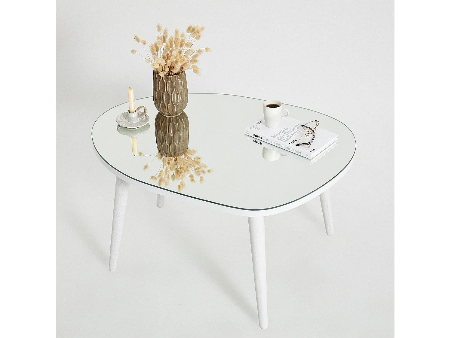 Table basse trépied ovale Casina 55x75cm Bois Blanc et Verre trompé Miroir