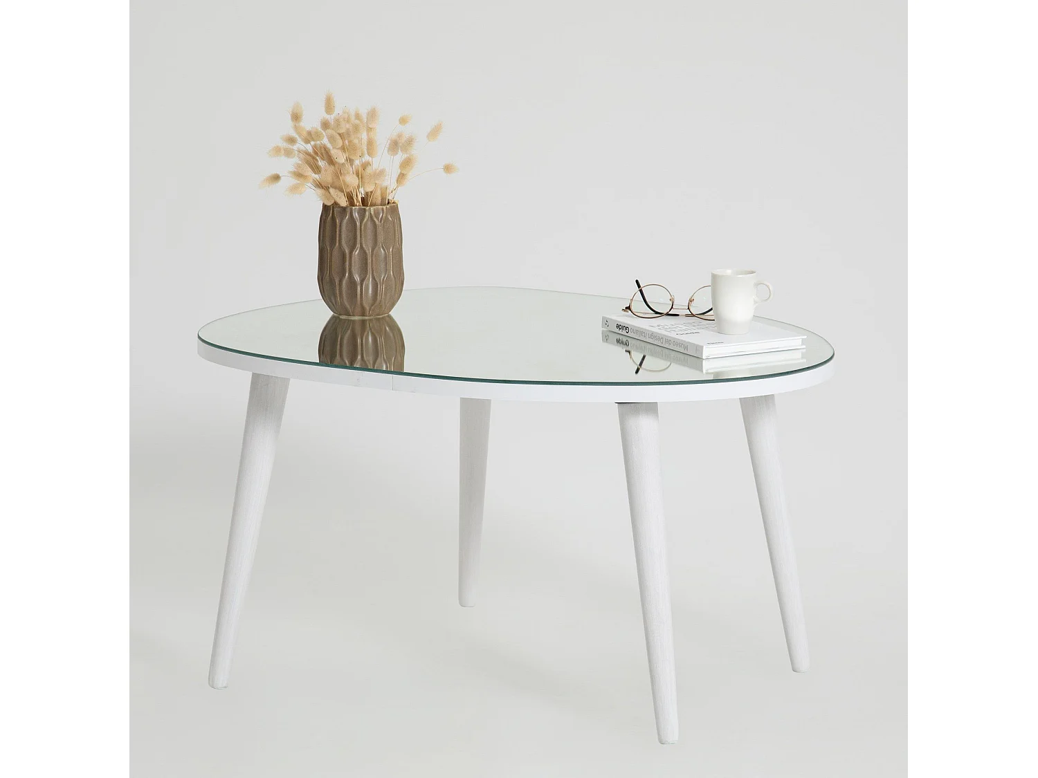Table basse trépied ovale Casina 55x75cm Bois Blanc et Verre trompé Miroir