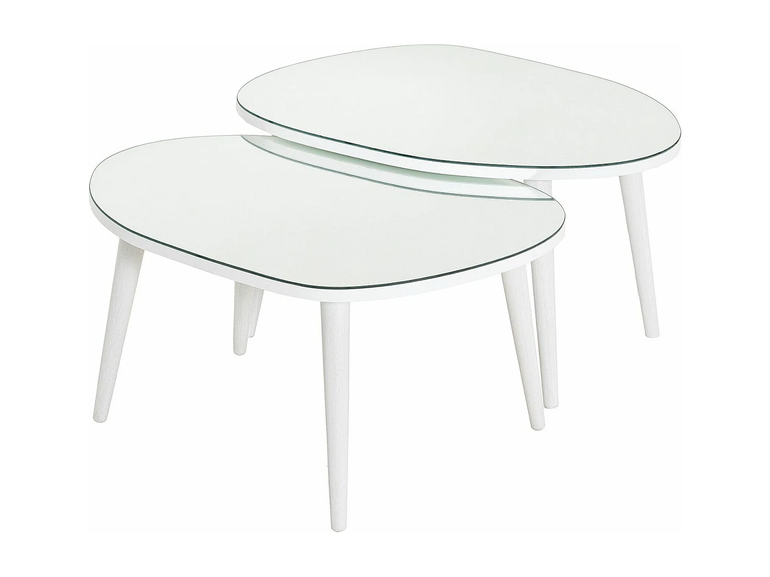 Set de 2 tables basses trépied ovale gigognes Casina Bois Blanc et Verre trompé Miroir