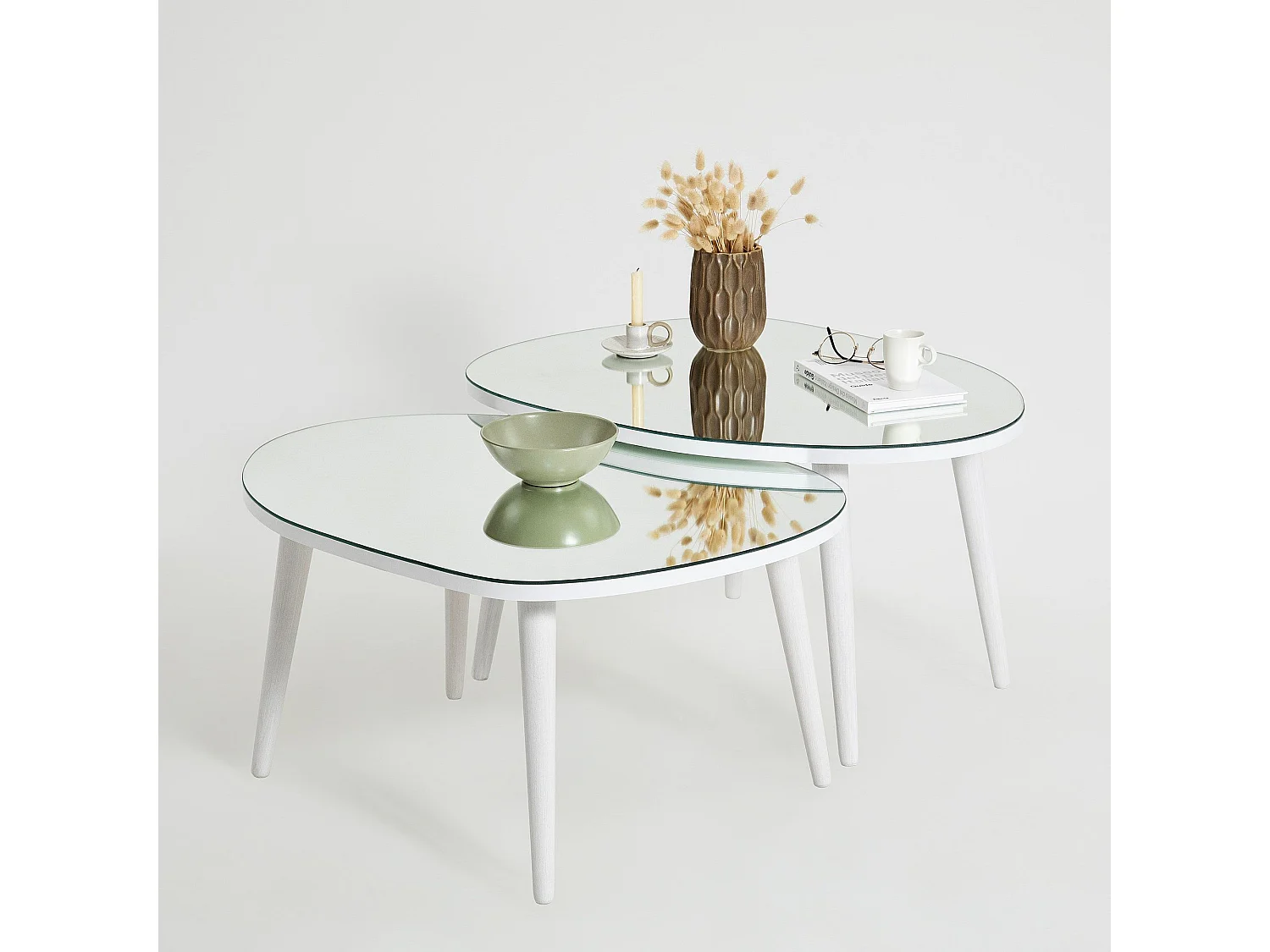 Set de 2 tables basses trépied ovale gigognes Casina Bois Blanc et Verre trompé Miroir