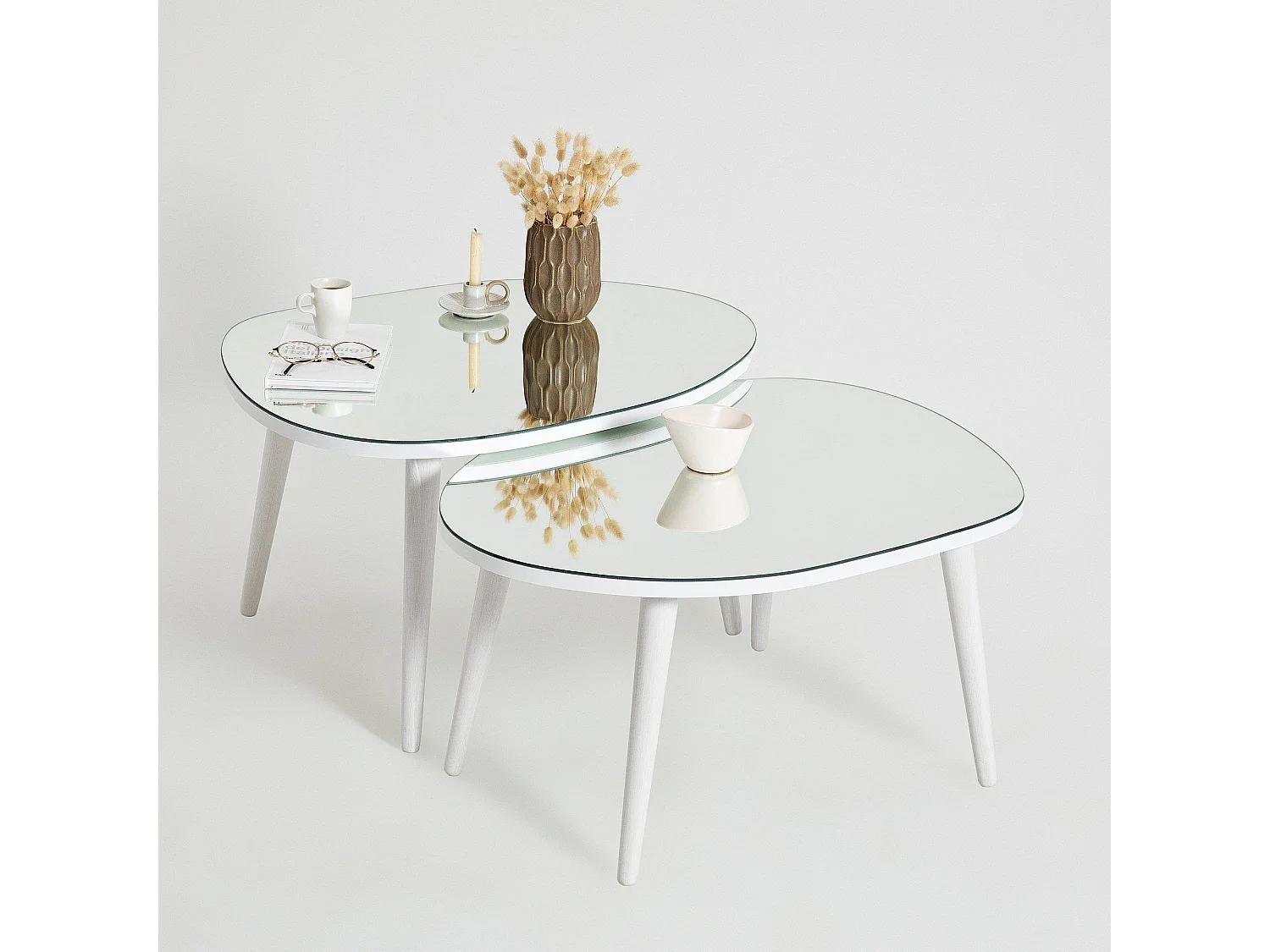 Set de 2 tables basses trépied ovale gigognes Casina Bois Blanc et Verre trompé Miroir