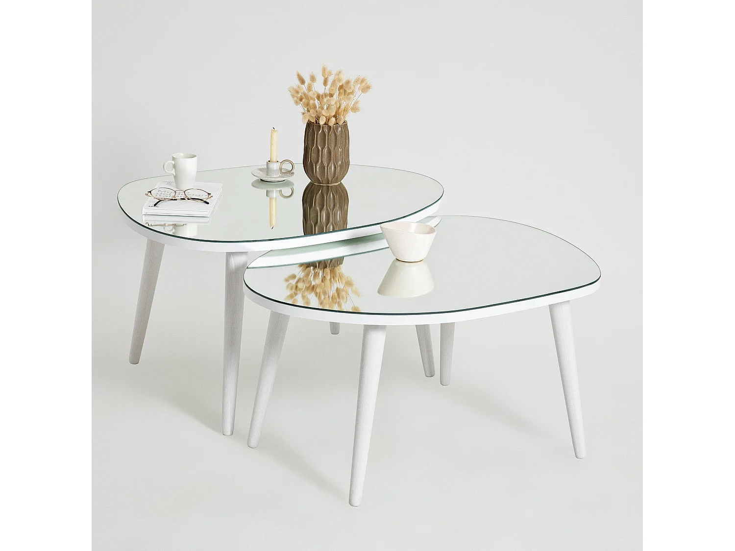 Set de 2 tables basses trépied ovale gigognes Casina Bois Blanc et Verre trompé Miroir