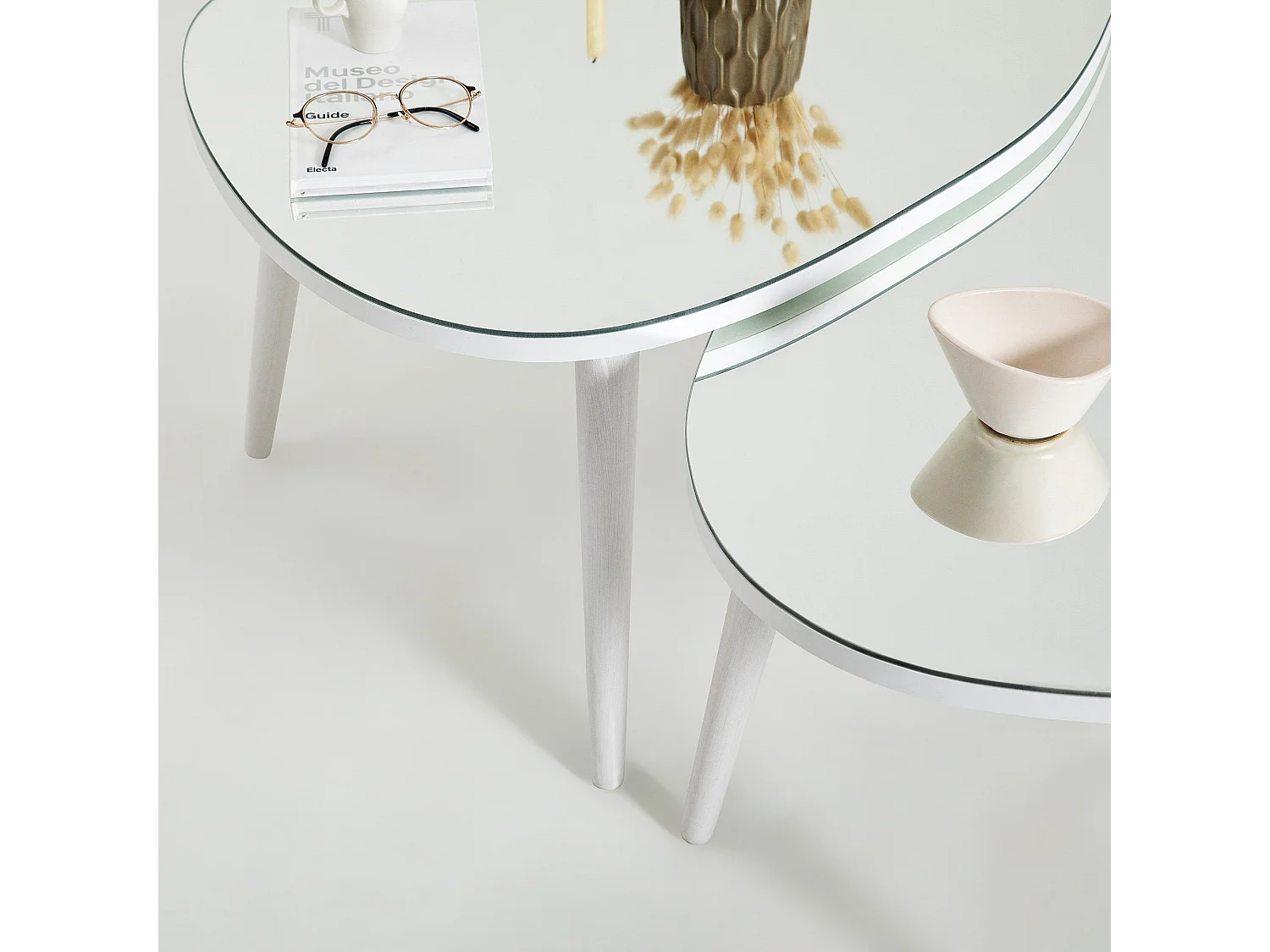 Set de 2 tables basses trépied ovale gigognes Casina Bois Blanc et Verre trompé Miroir