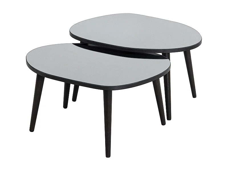 Set de 2 tables basses trépied ovale gigognes Casina Bois Noir et Verre trompé Miroir fumé
