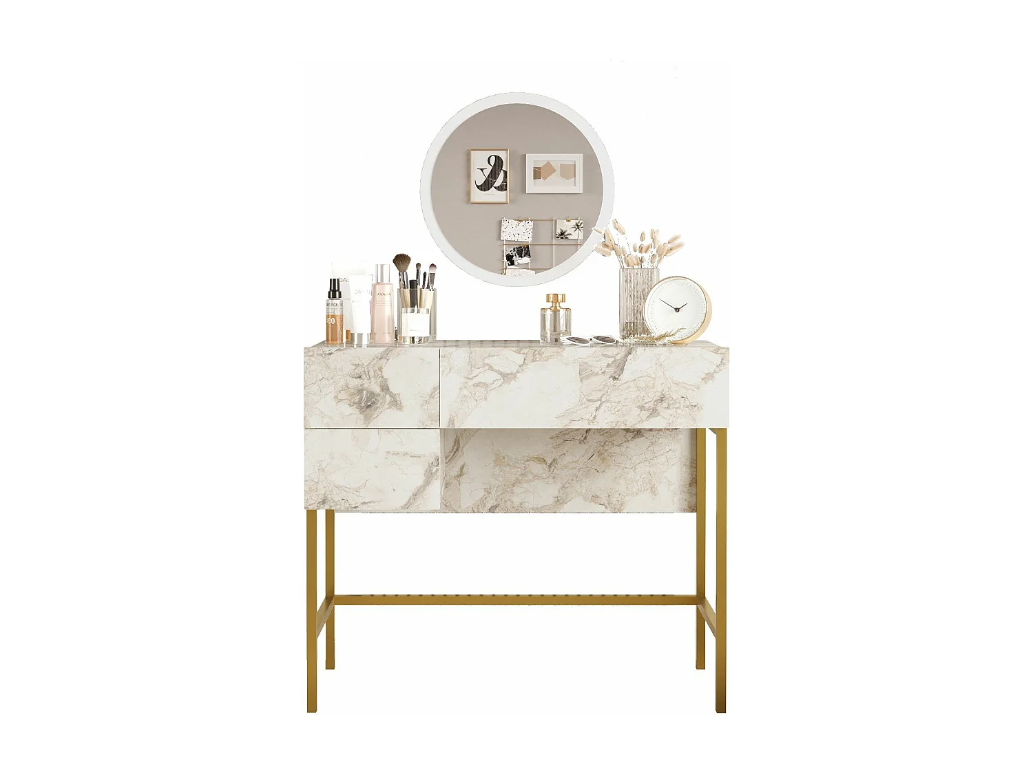 Specchiera Kailua 2090, Marmo bianco|D'oro, Specchio, 77x88x44cm