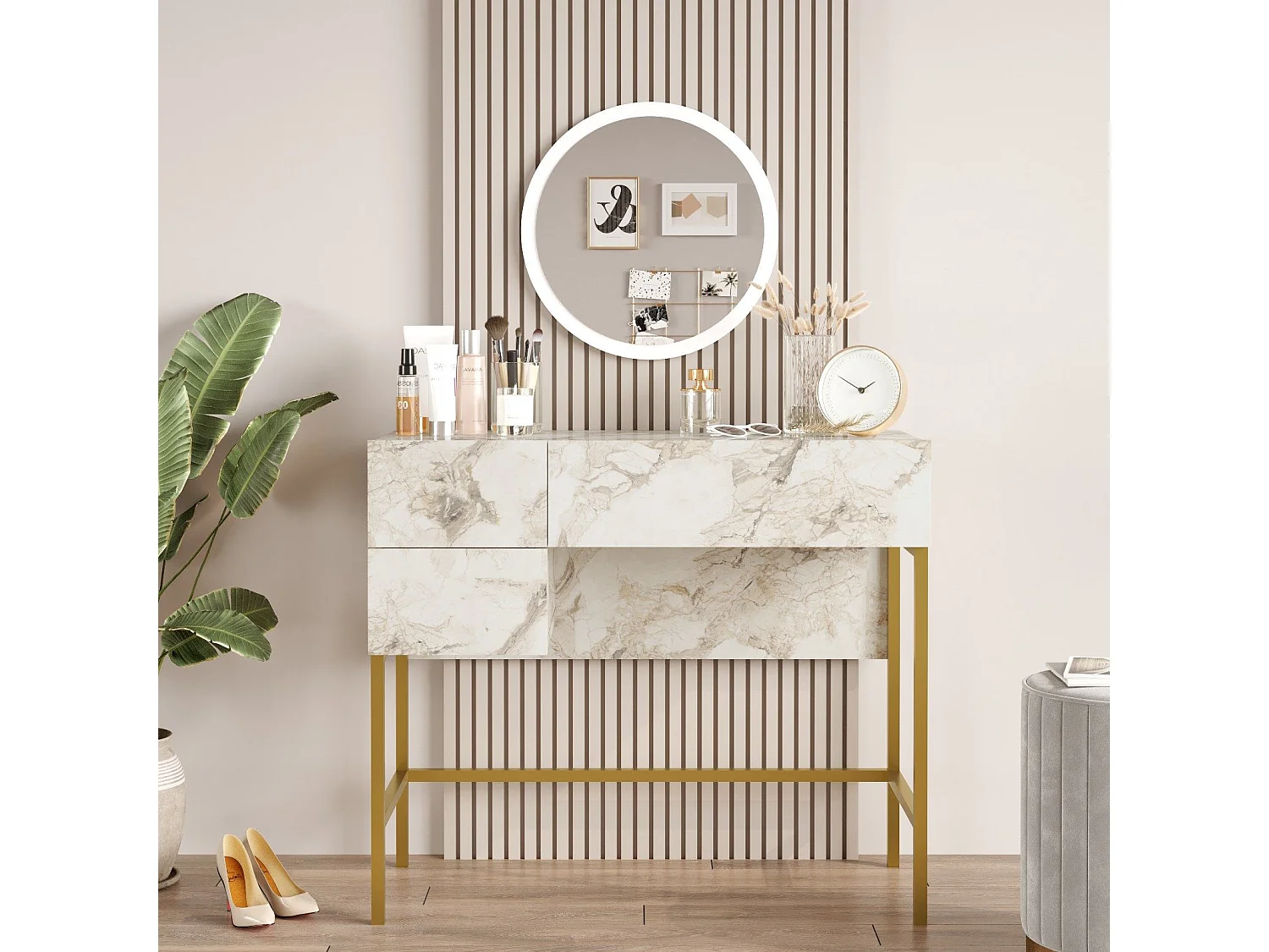 Specchiera Kailua 2090, Marmo bianco|D'oro, Specchio, 77x88x44cm