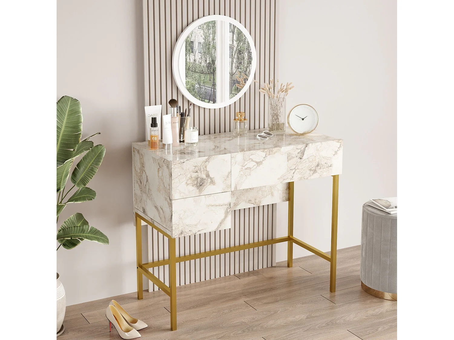 Specchiera Kailua 2090, Marmo bianco|D'oro, Specchio, 77x88x44cm