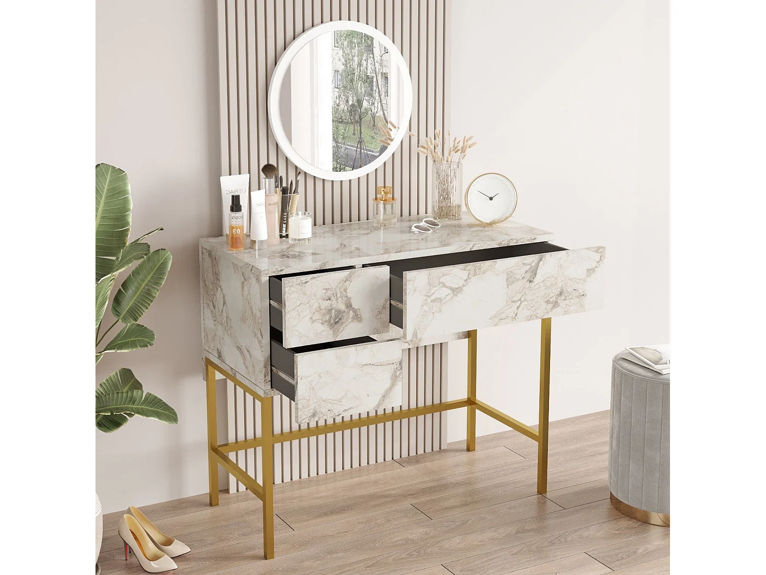 Specchiera Kailua 2090, Marmo bianco|D'oro, Specchio, 77x88x44cm