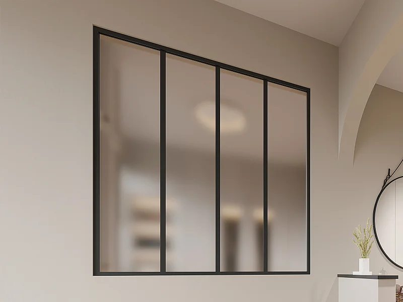 Glasraam werkplaatsstijl van aluminium en gematteerd glas  - 120 x 130 cm - Zwart - BAYVIEW